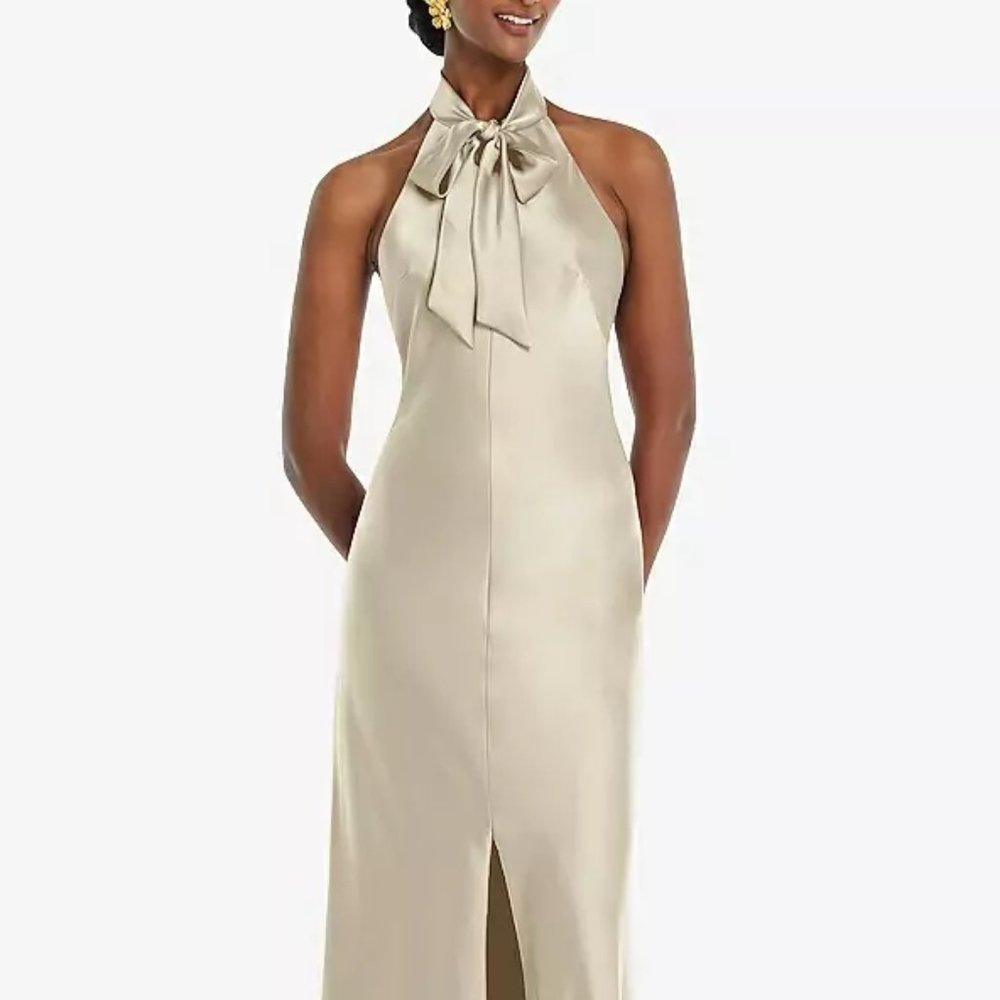 Dessy Collection Backless Halter Dress in Champagne